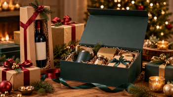 Repräsentative Weihnachtsgeschenkbox mit Wein, Tasse und Präsenten, umgeben von festlich verpackten Geschenken.
