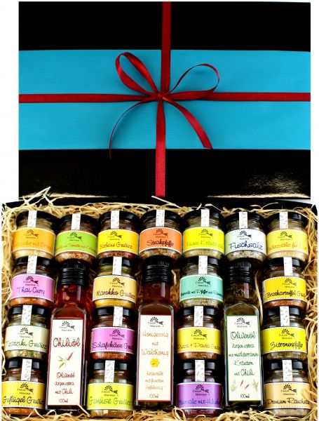 Gewürzbox mit Essig und Öl in der Geschenkeschachtel