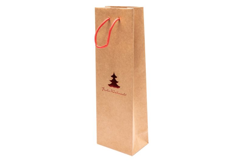 Papier-Tragetasche für Flaschen "Ansbach" 12x8x37cm Weihnachtsmotiv, rote Prägung, Baumwollkordel 5107WB-WB12-034