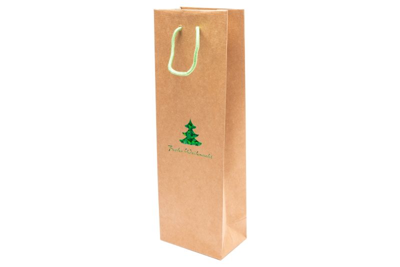 Papier-Tragetasche für Flaschen "Ansbach" 12x8x37cm Weihnachtsmotiv, grüne Prägung, Baumwollkordel 5107WB-WB12-042 