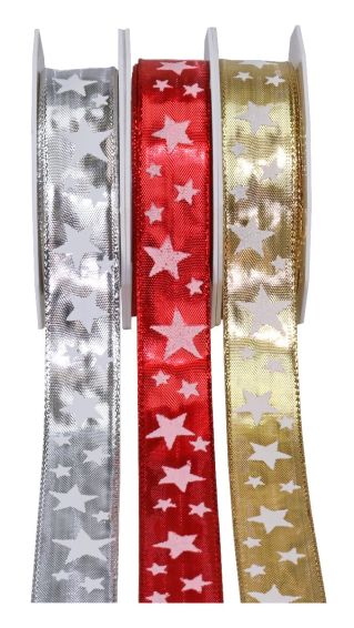 Geschenkband Weihnachtsmotiv "Bühl" silber mit Drahtkante, 2,5 cm Breite 2207WS25 