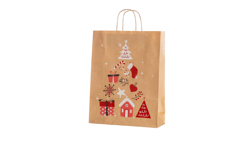 Papier-Tragetasche  Weihnachtsmotiv "Baum" in versch. Größen gedrehte Papierkordel 3707WB- 