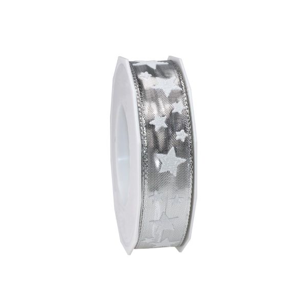 Geschenkband Weihnachtsmotiv "Bühl" silber mit Drahtkante, 2,5 cm Breite 2207WS25 Geschenkband Weihnachtsmotiv "Bühl" silber mit Drahtkante, 2,5 cm Breite 2207WS25