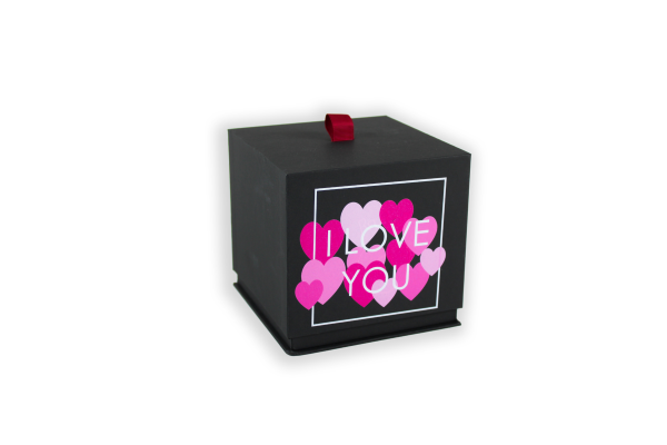 Klappbox Hartkartonage Würfel 2-teilig "I love you" schwarz und gold Aufdruck pink 1007L12029 Klappbox Hartkartonage Würfel 2-teilig "I love you" schwarz und gold Aufdruck pink 1007L12029
