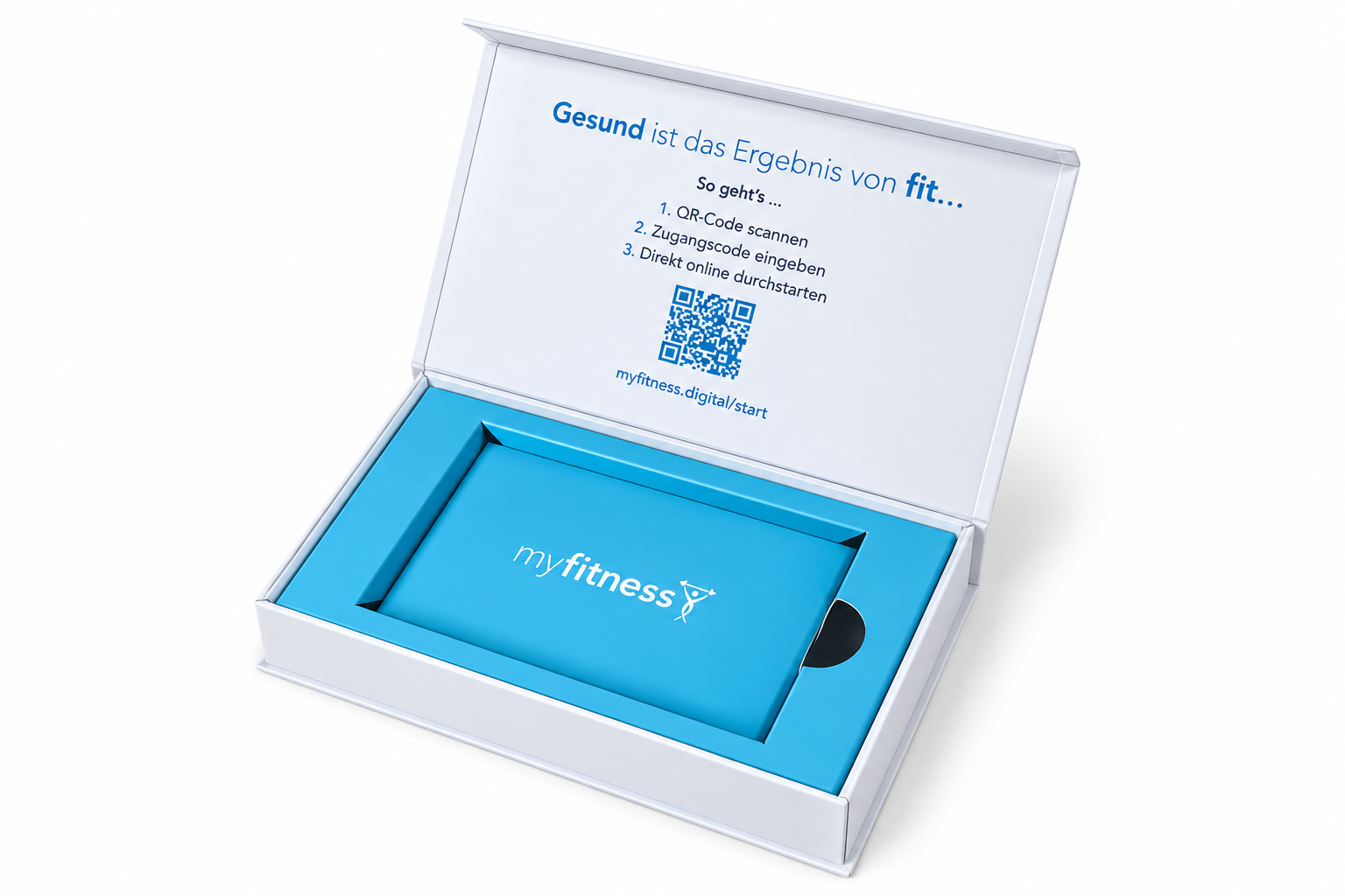 Geöffnete Gutscheinbox im myfitness-Branding mit QR-Code und blauem Gutscheinumschlag