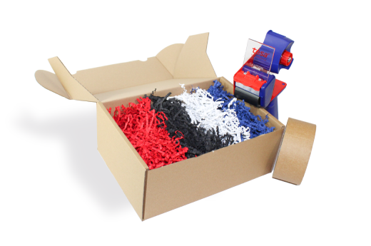 Offene Papierpaket mit Spielzeugroboter und Füllmaterial - Lagerware Papiertüten