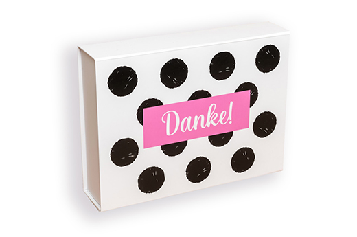 Weißer Magnetbox mit schwarzen Punkten und Dankeschön-Motiv - Digitaldruck Magnetbox